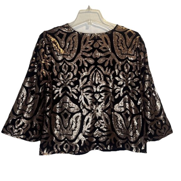 JOAN RIVERS Black & Gold Floral Metallic Sequins 3/4 Sleeve Blazer Sz M - Picture 4 of 8